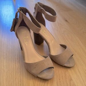 Lulu Nude Suede Sandals with Block Woodlike heels -Sz 6